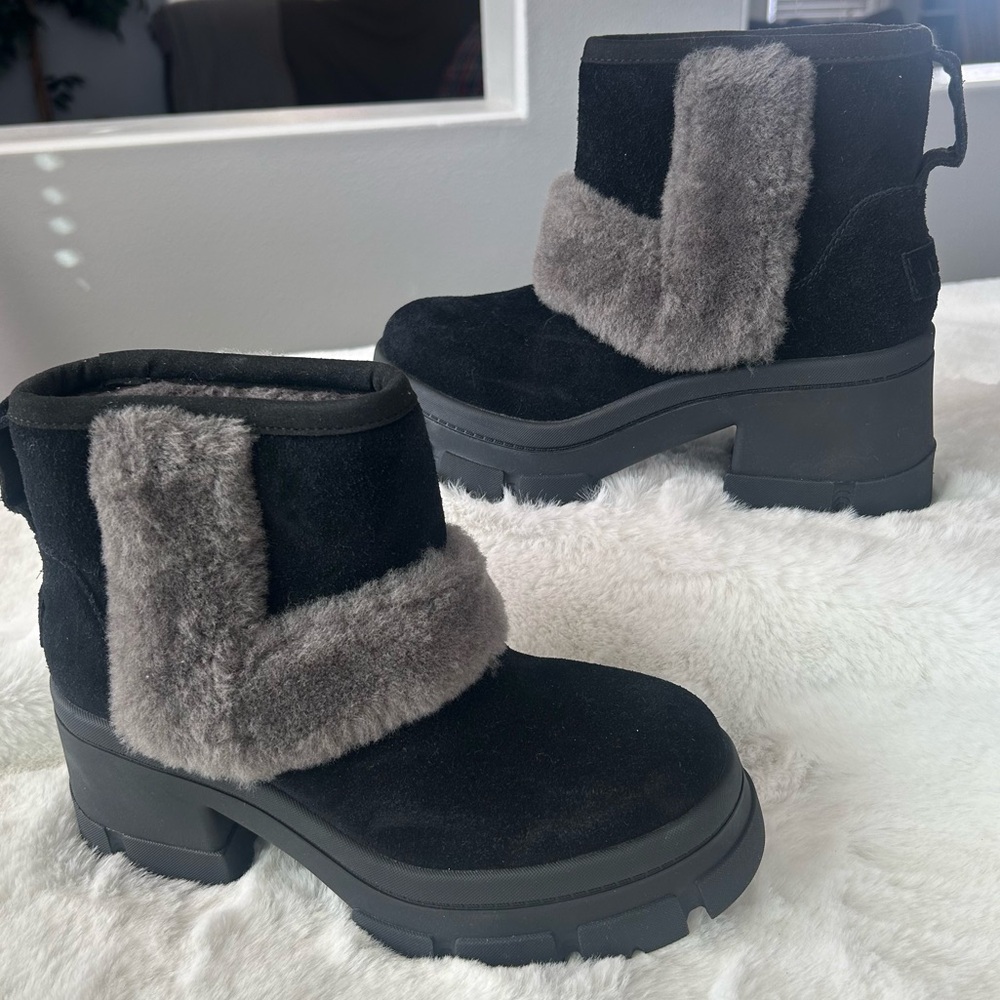 UGG Black Suede Boots with Gray Fur